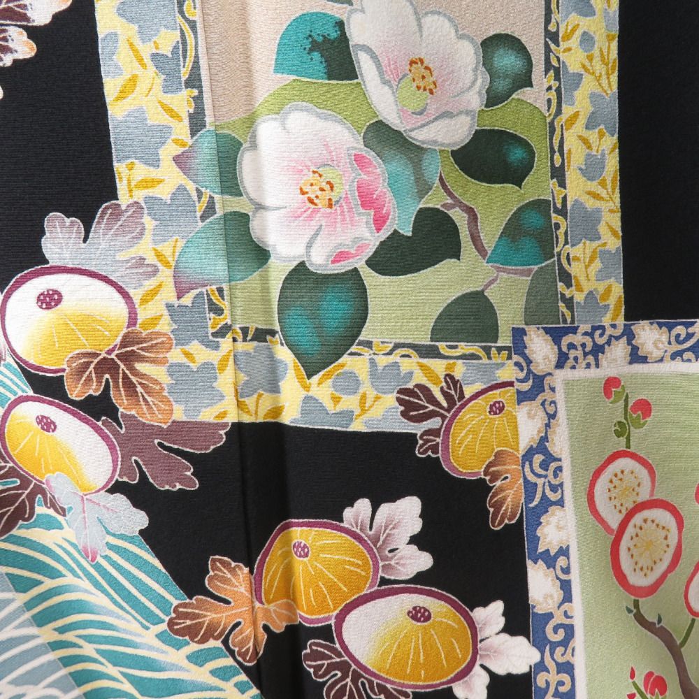 本加賀友禅 黒留袖 大久保謙一 四季色紙調柄 正絹 袷 広衿 比翼付 落款入 作家物 本場加賀友禅染 礼装 フォーマル 仕立て上がり 身丈154cm 本加賀友禅 黒留袖 大久保謙一 四季色紙調柄 正絹 袷 広衿 比翼付 落款