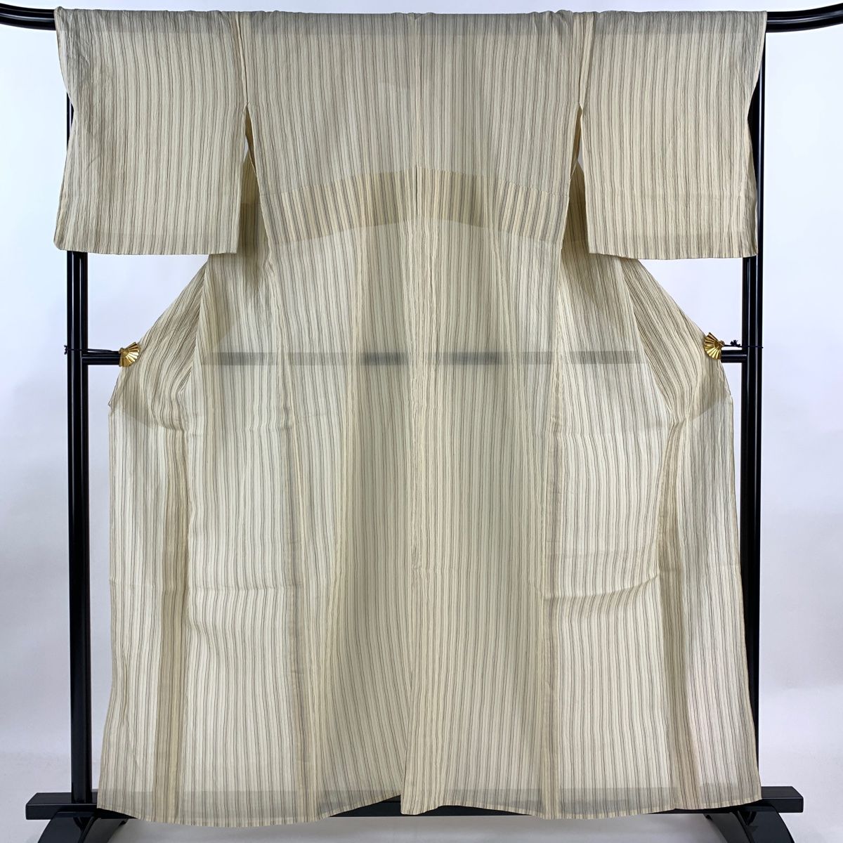 紬 身丈157.5cm 裄丈69cm L 薄物 夏紬 縞 ベージュ 麻 名品