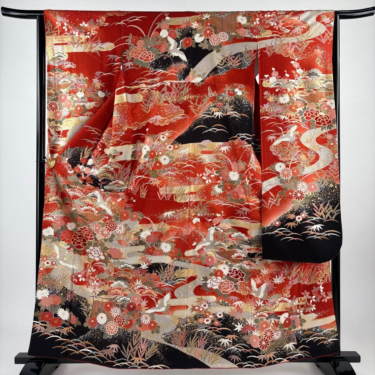 振袖 身丈161.5cm 裄丈64cm M 袷 建物 鶴 金糸 金銀彩 赤 正絹 名品