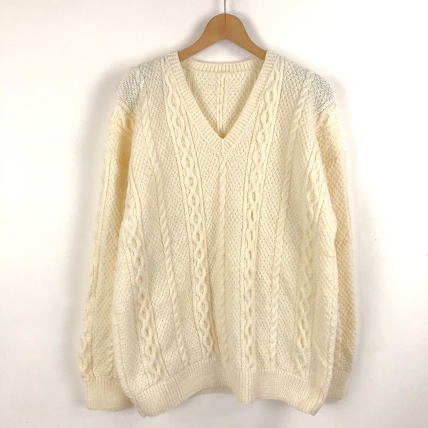 【古着】 フィッシャーマンセーター Vネック アラン編み 厚手 ホワイト系 メンズL 【中古】 n056512