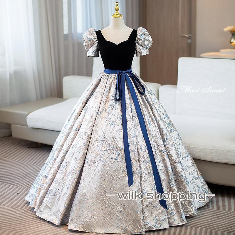 ドレス プリンセスライン ネイビー パフスリーブ 半袖 花柄 ロングドレス ウェディングドレス 結婚式 二次会 花嫁 前撮り 演奏会 発