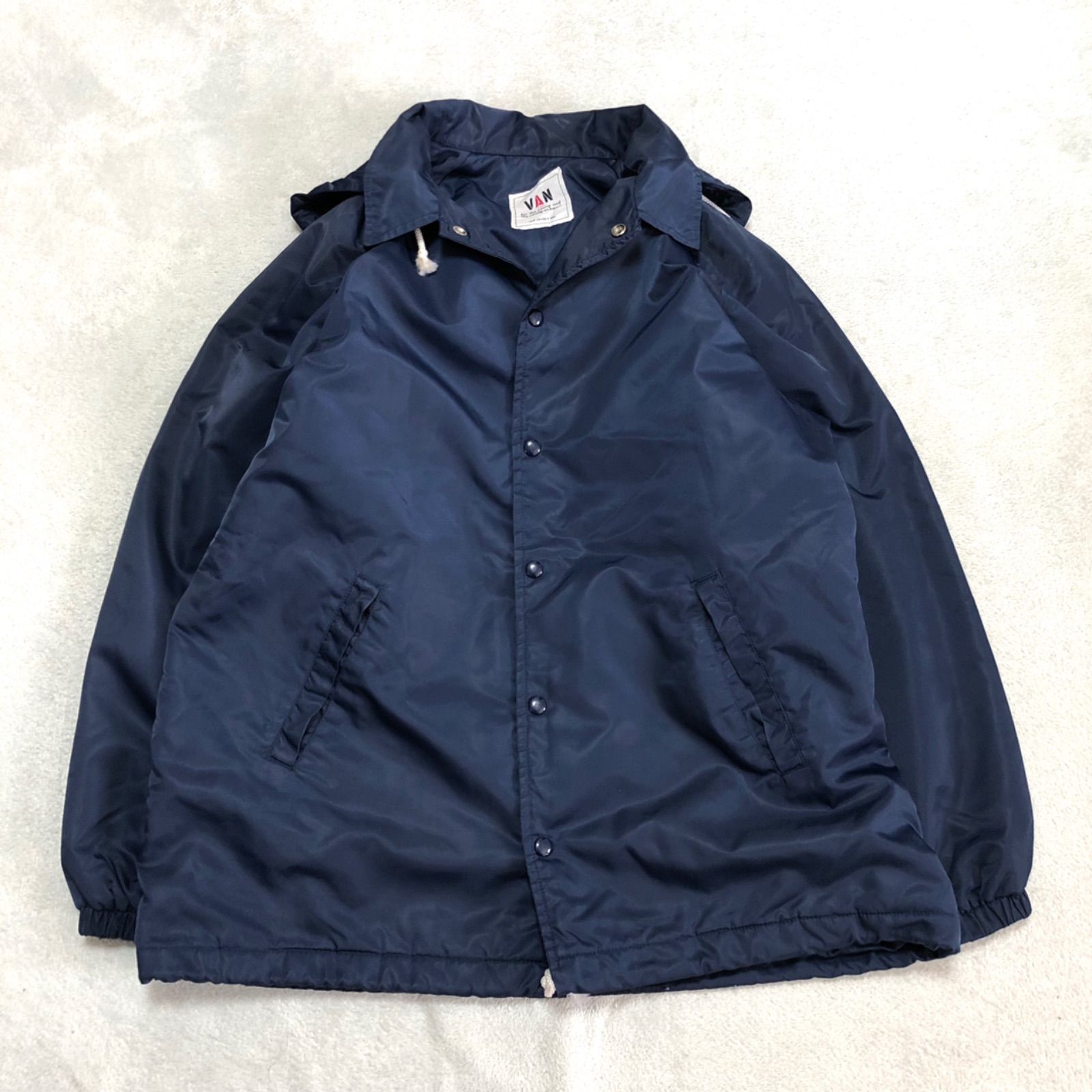 VAN Jacket コーチジャケット フード付 2WAY ロゴプリント ドローコード FREEサイズ ナイロンジャケット マウンテンパーカー  ブルゾン 青系 ネイビーブルー ヴァンジャケット ヴァンヂャケット - メルカリ