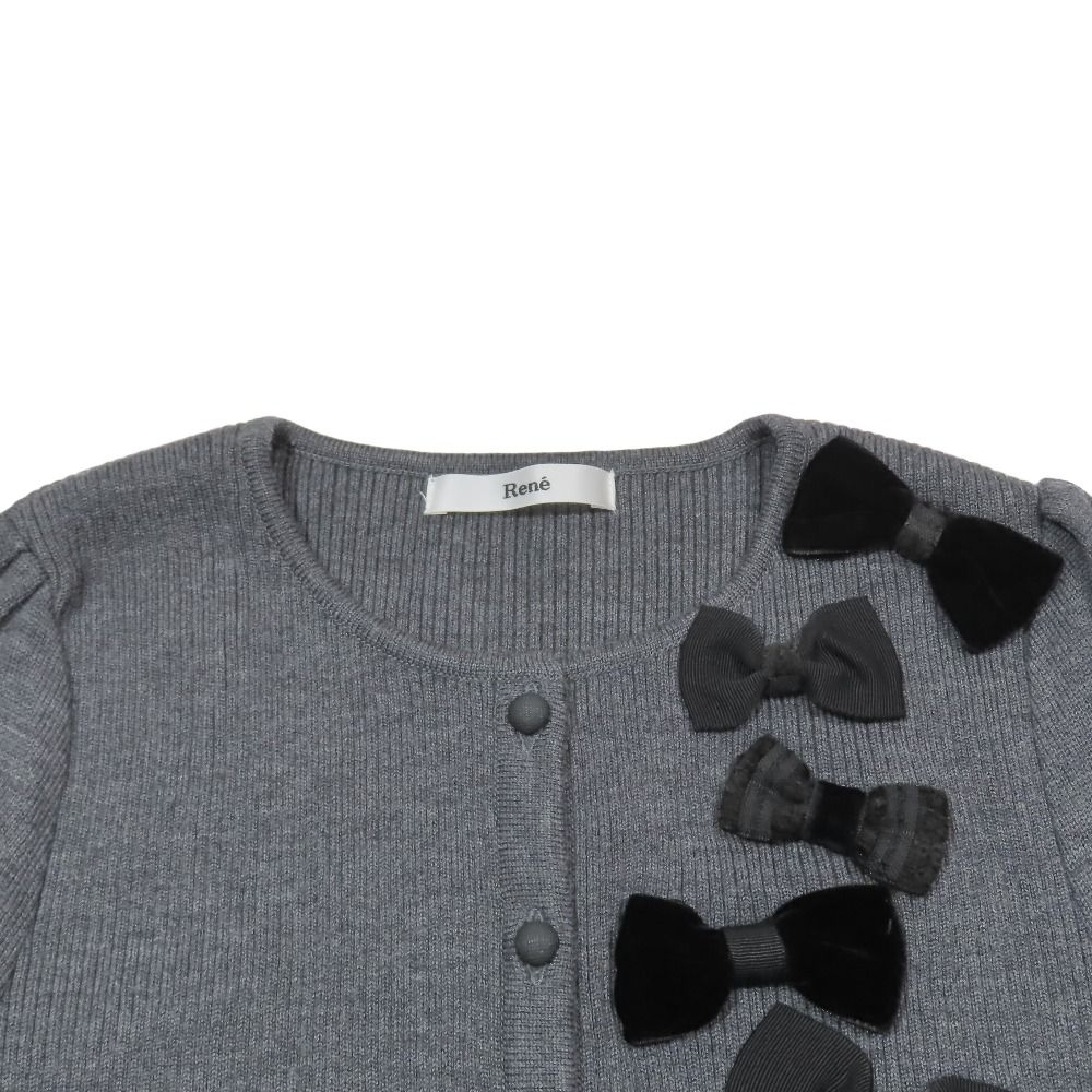 René - 新品同様 11AW Rene ルネ 七分袖 カーディガン リボンモチーフ リブニット パフスリーブ ラウンドネック カットソー 36 グレー レディース 古着 中古 USED 新品同様 11AW Rene ルネ 七分袖 カーディガン リボンモチーフ