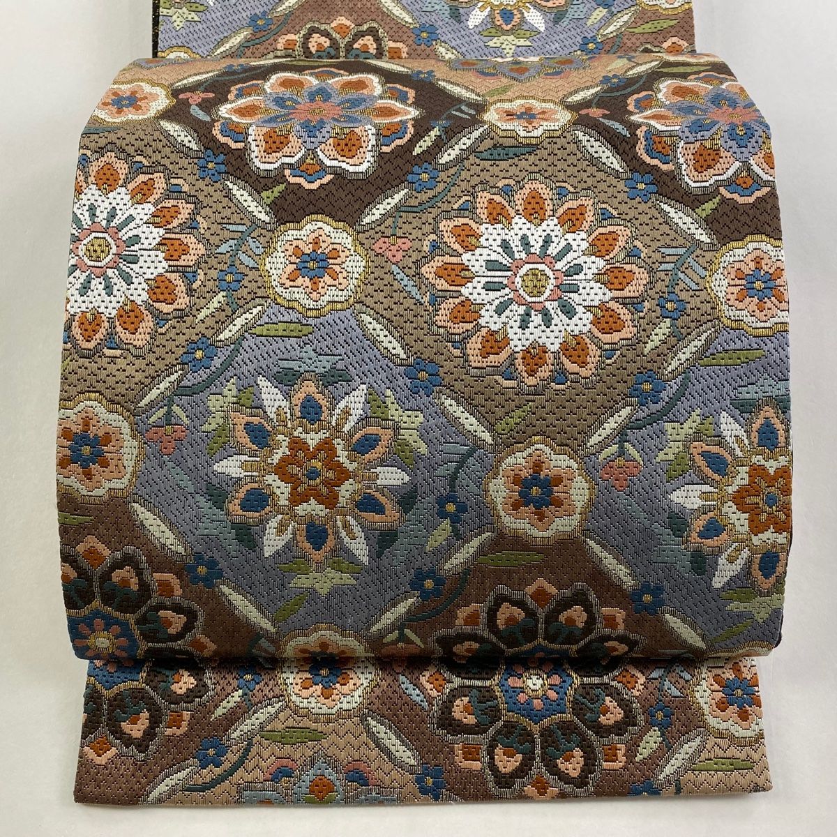 袋帯 華文 刺繍 金糸 焦茶色 全通 正絹