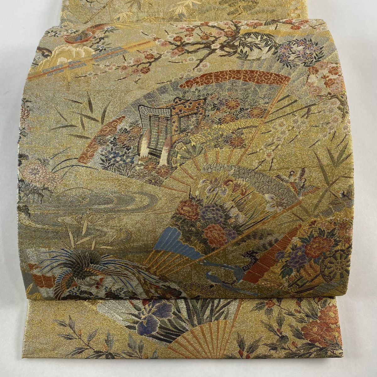 丸帯 桃山扇面屏風文 花鳥 箔 金糸 金色 お太鼓柄 正絹
