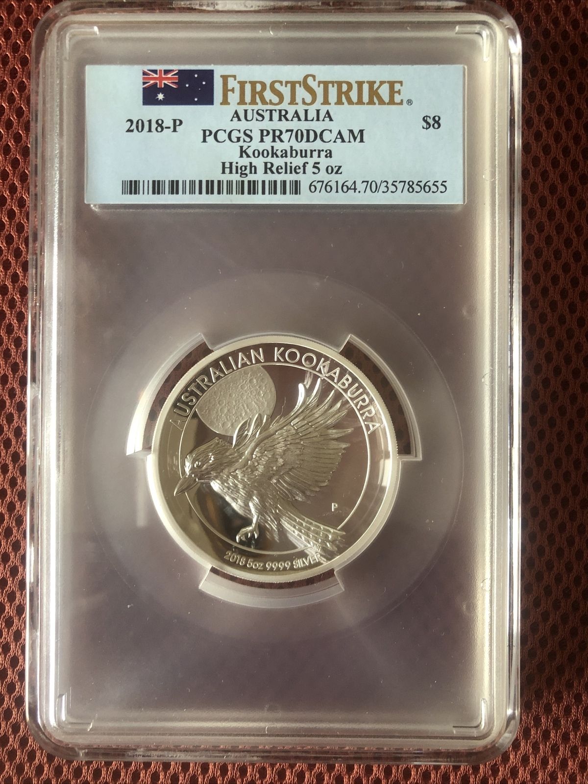 2018p PCGS PR70DCAM 5oz First Strike High Relief Kookaburra 5oz. Silver Coin