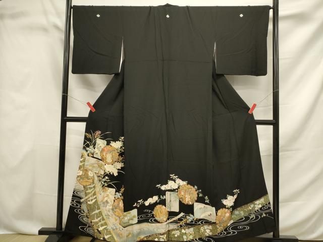 平和屋着物□豪華黒留袖 駒刺繍 御所車雪輪飛鶴花文 金彩 正絹