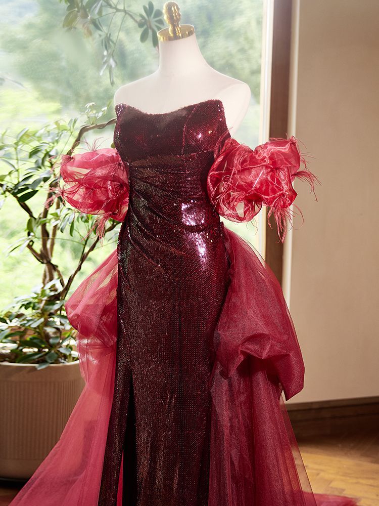 ワインレッド ロングドレス チューブトップ ノースリーブ フィッシュテール スパンコール 感 気品 披露宴 宴会 パーティー 新婦 結婚式 舞台 レディース 送料無料