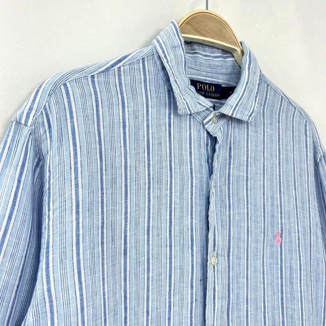 ポロラルフローレン　長袖シャツ　ストライプ　ホースロゴ刺繍　青 ブルー POLO Ralph Lauren ポロラルフローレン ポニー刺繍ロゴ リネン