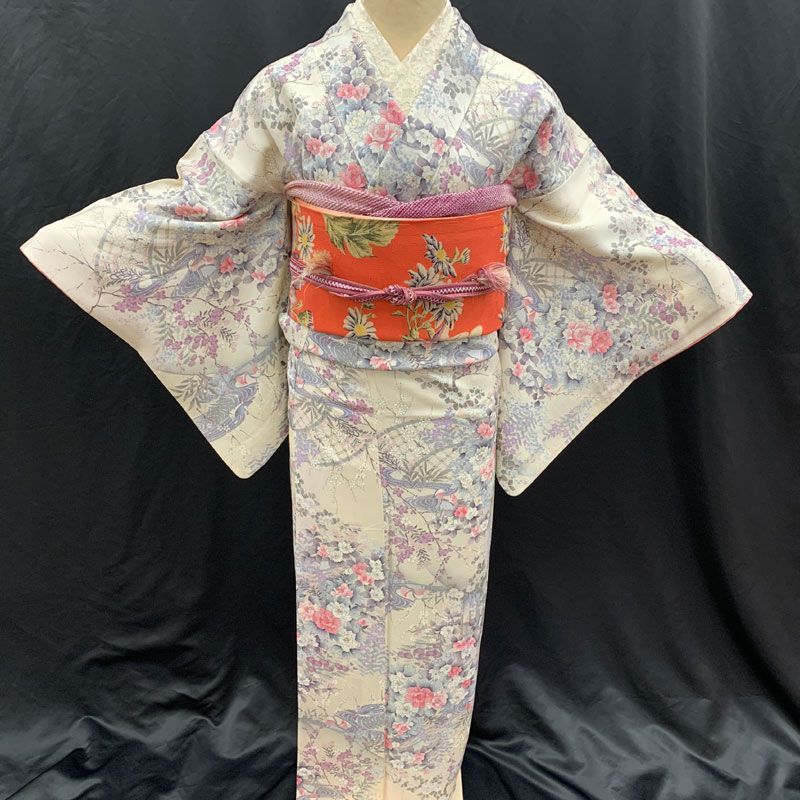 504aa8◇セミアンティーク レトロな雰囲気 小紋 桜に流水 牡丹