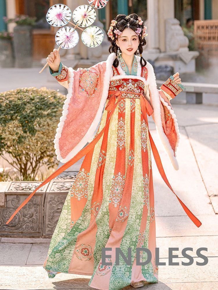 【新品未使用】漢服 豪華刺繍デザイン 中国風 唐風デザイン 背子（はいし） 裏起毛交領トップス＆胸高襦裙セット 小さなショール付