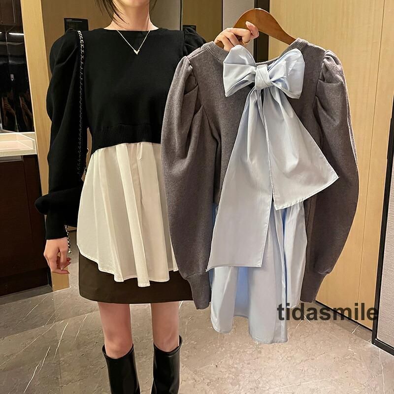 ニットブラウス ドッキング バックリボン チュニック ニット ブラウス レディース トップス りぼん パフスリーブ 重ね着 長袖 シャツ 上品