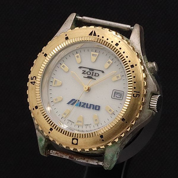 稼働 ミズノ ZOID アイボリー文字盤 QZ デイト ゴールドベゼル ケース