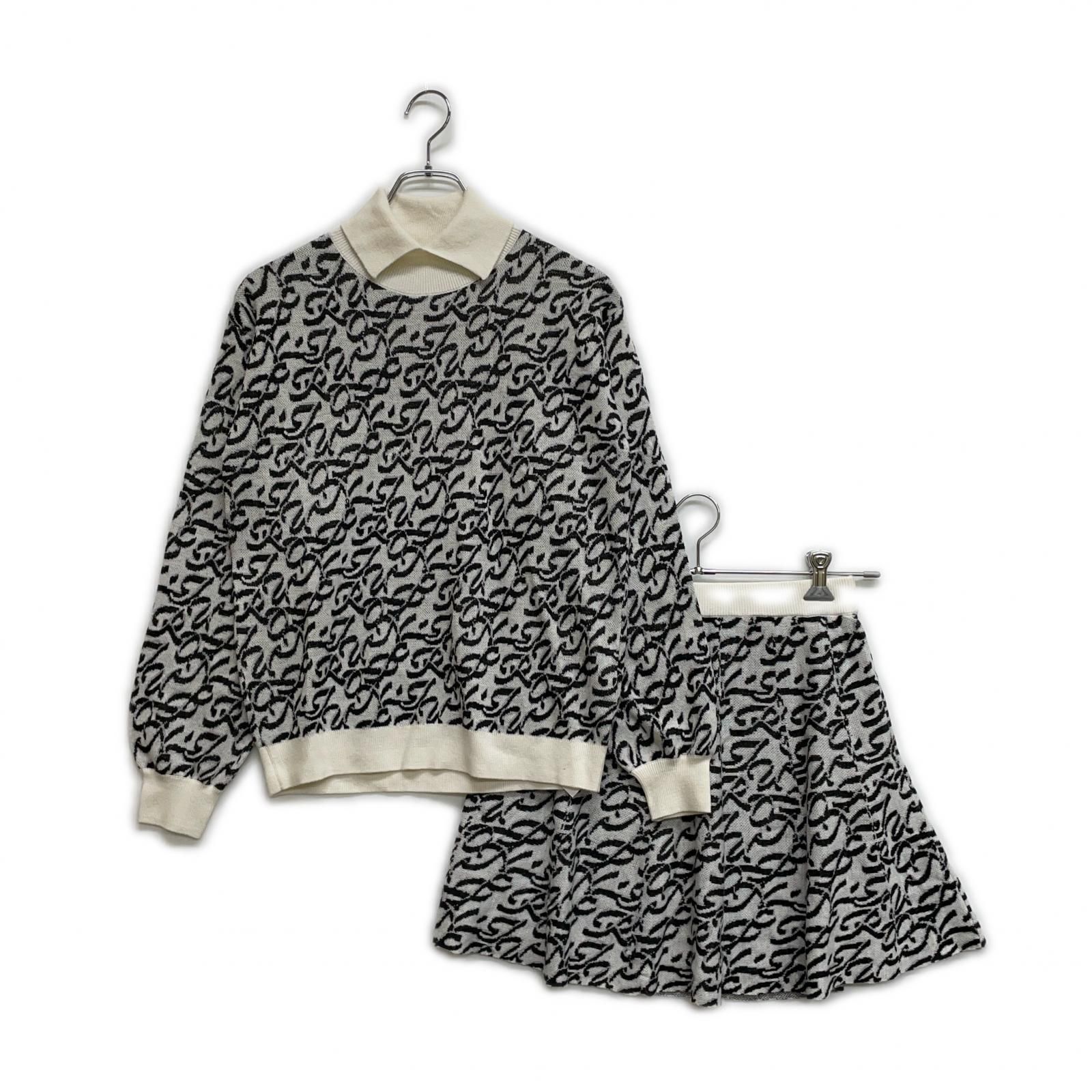 レディース ジュン＆ロペ JUN-ROPE セットアップ M 白×黒 グレー モノグラム柄ニット タートルネックニット×スカート