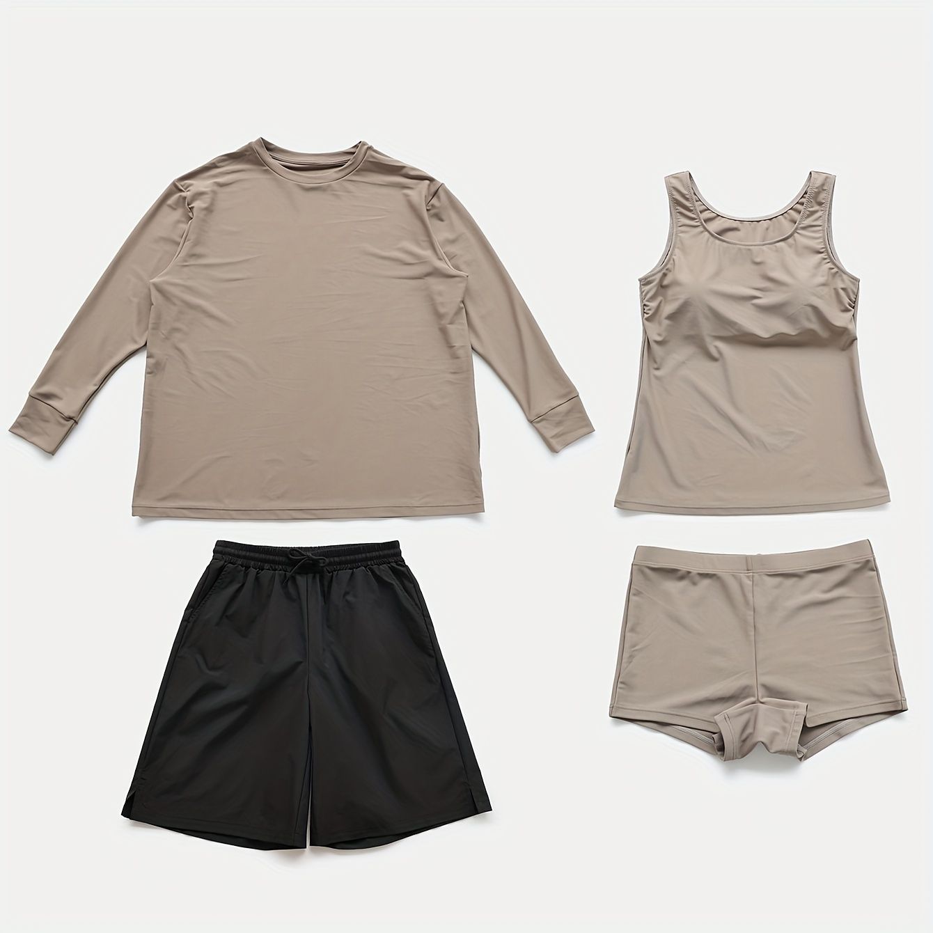 ラッシュガード トレンディ レディース 水着セット 女性用 カジュアルビキニ 4点組水着 4点セット セット販売 日焼け防止 おしゃれ シンプル 無地 プール スイミング 川遊び 海 夏のアウトドア 夏のバカンス ダークカーキ