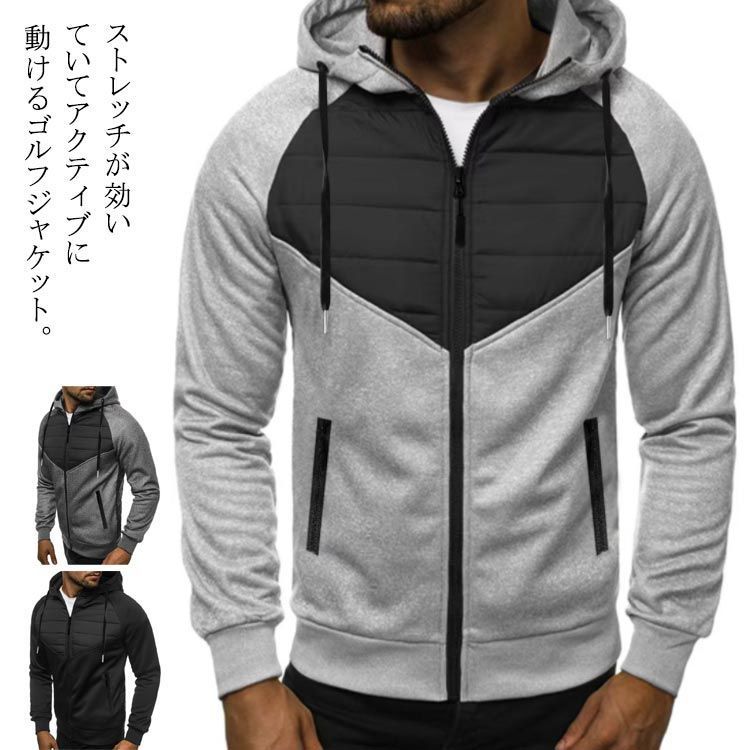 ゴルフウェア メンズ ゴルフジャケット 中綿キルティング　スウェット　パーカー　異素材切替　裏起毛　ストレッチ　アウター　秋冬 新作 服 おしゃれ　ジャージ　スポーツ　カジュアル
