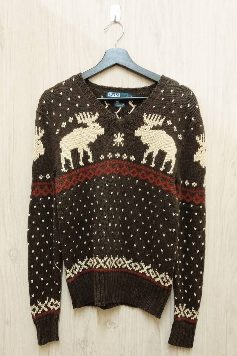 POLO RALPH LAUREN|ポロラルフローレン|ニット|トナカイ柄ノルディックセーター|コットンリネン|Vネックセーター|ブラウン|Sサイズ