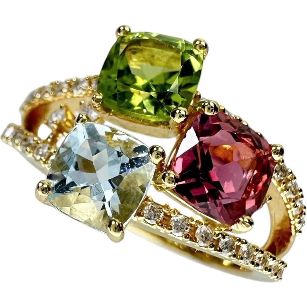 11号 ペリドット|ピンクトルマリン|アクアマリン 0.60|0.50|0.40ct ダイヤモンド 計0.15ct リング 指輪 K18ゴールド 18金 4.3g レディース 真子質店 NN