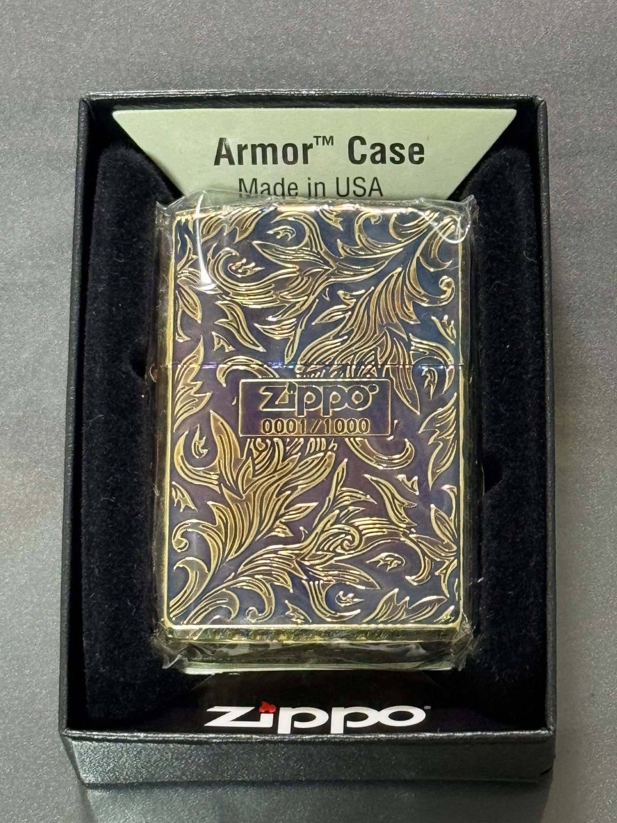 zippo 5面彫刻 ゴールド アーマー 番号 NO.0001 特殊加工品 シャインレイカット Armor Case Heavy Wall シリアルナンバー NO.0001|1000 ケース 保証書