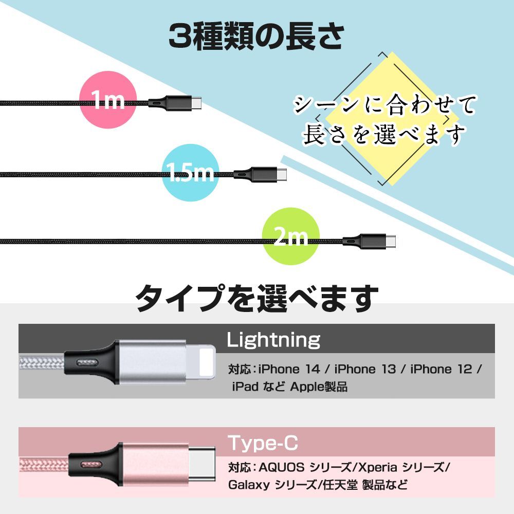 三本セット！1ｍ 充電ケーブル 充電器 iphone android Lightning Type-C  Micro USB  充電コード 断線防止 自由にセレクト強化素材