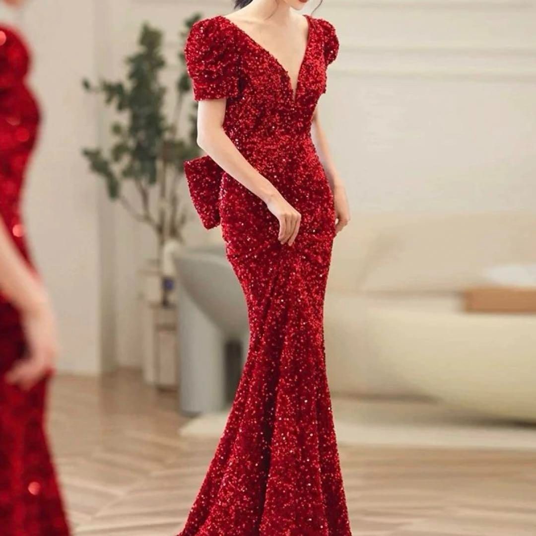 レジャ Leja チェック刺繍スパンコールチュール素材袖リボン