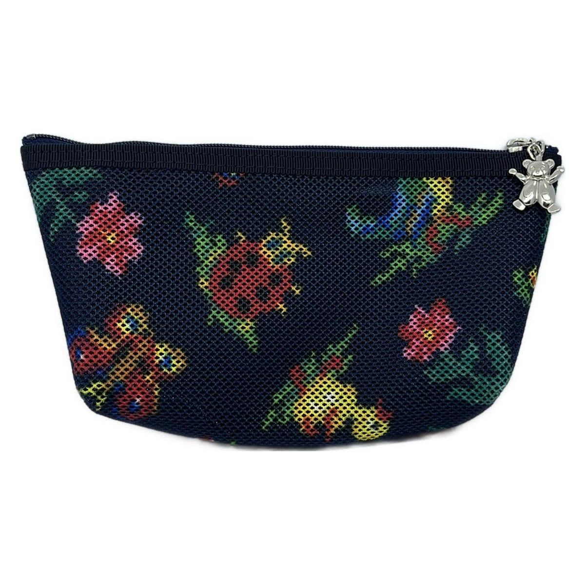 FEILER フェイラー ポーチ - ネイビー×イエロー×マルチ メッシュ てんとう虫 鳥 バタフライ 蝶 フラワー 花 ひよこ