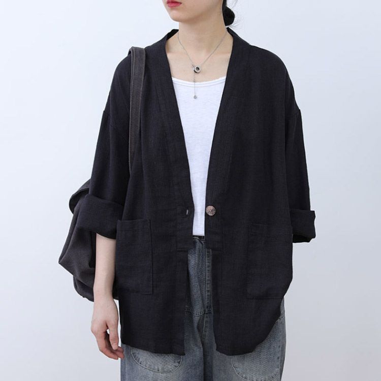 nomiamo　ダークブルー　リネン混　長袖カーディガン　ジャケット　日本製　M リネン 羽織り カーディガン 長袖 レディース ライトアウター