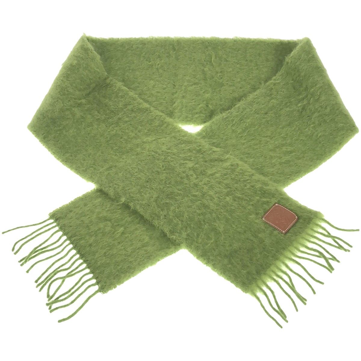 【値下げ中】LOEWE ロエベ ロゴパッチモヘヤフリンジマフラー　グリーン 値下げ中】LOEWE ロエベ ロゴパッチモヘヤフリンジマフラーグリーン