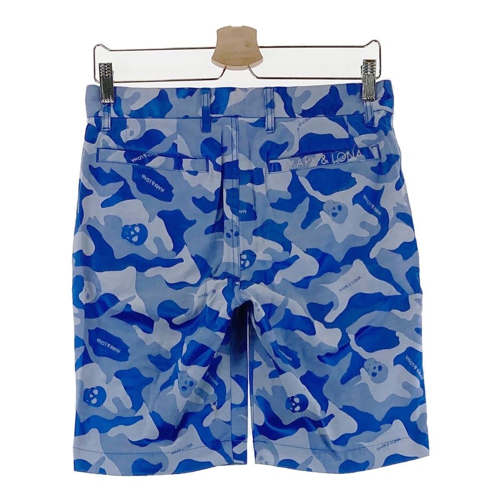サイズ S MARK LONA マークアンドロナ ストレッチハーフパンツ ロゴ カモフラ柄 ブルー系 ゴルフウェア メンズ ストスト