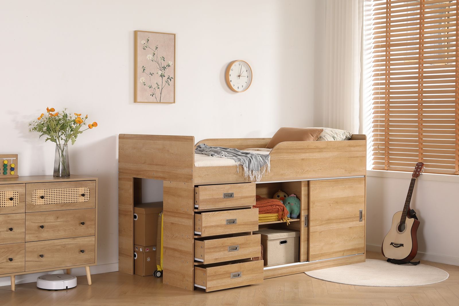 大人気！システムベッド 高さ120cm シングル一人暮らし ナチュラル+ホワイト システムベッド ロフトベッド 木製ベッド ナチュラル+ホワイト 大人