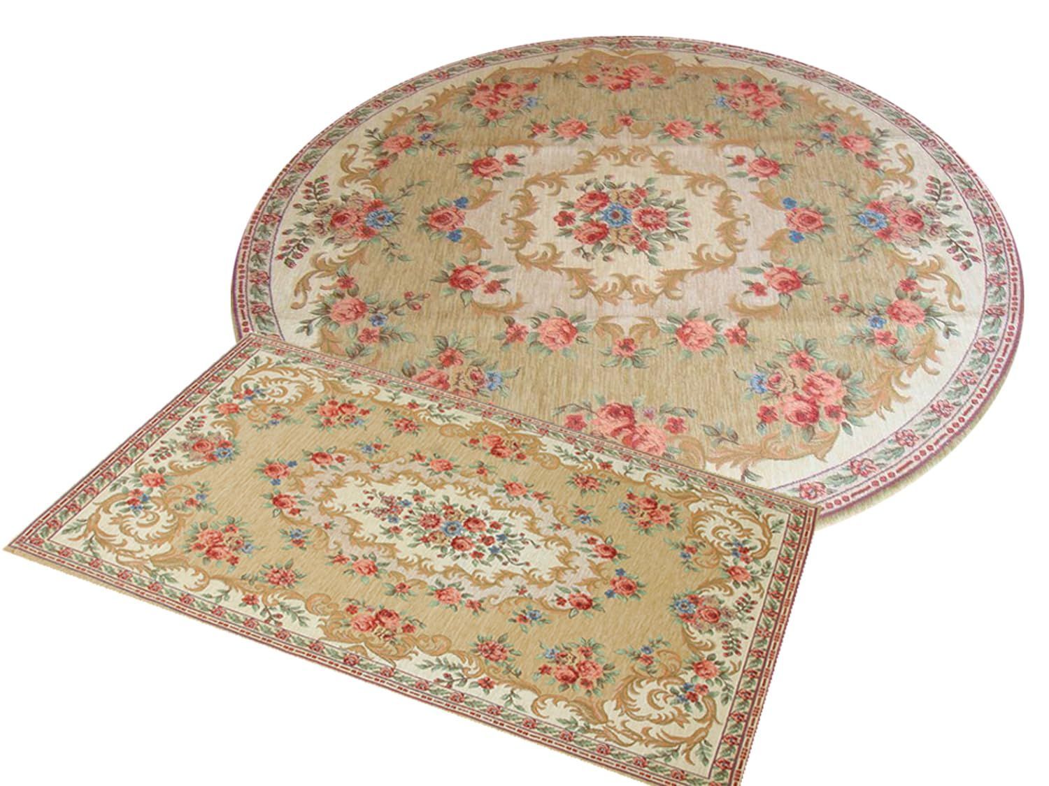 数量 120cm円形-70×120cm ボルドー ベージュ 洗えるゴブラン織シェニールラグ-マットセット