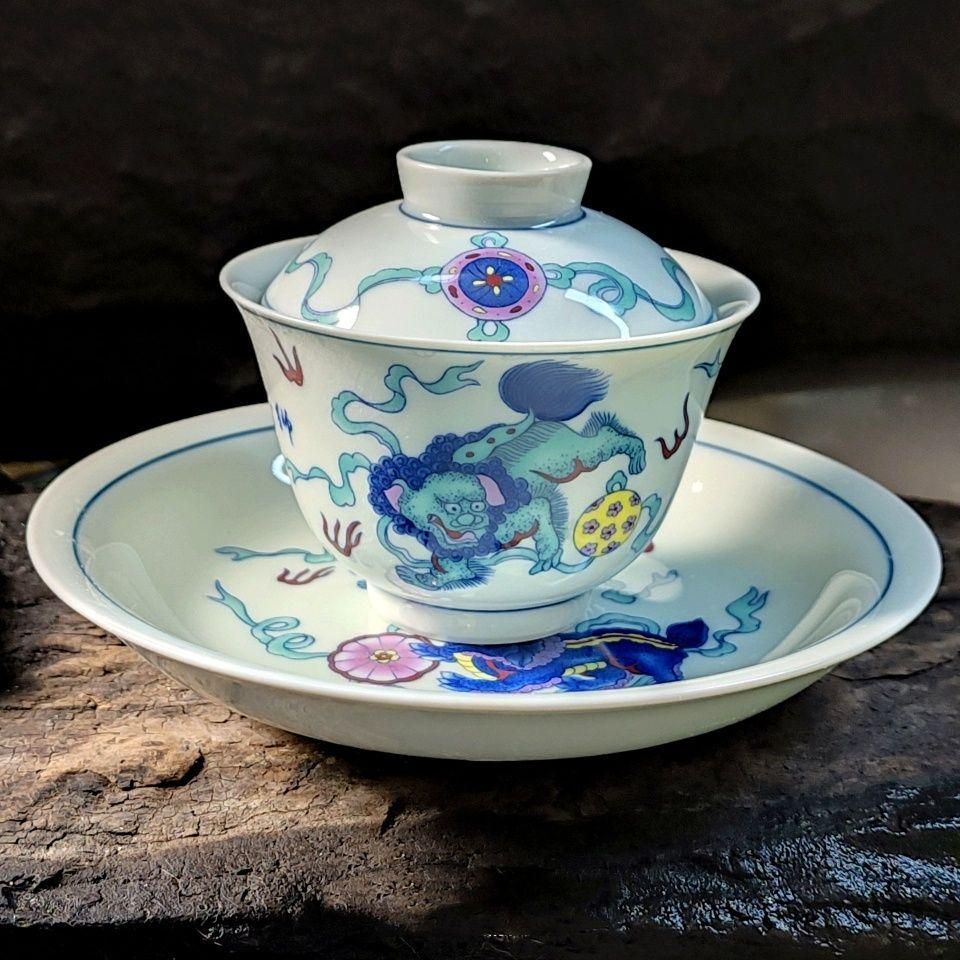 中国茶器 闘彩獅子三才蓋碗 茶器 茶道具 煎茶器 新品未使用