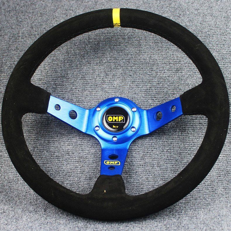 車ハンドル ステアリング OMPスポーツステアリングホイール ドリフト 本革 スエード ブルー 14インチ 350mm レース