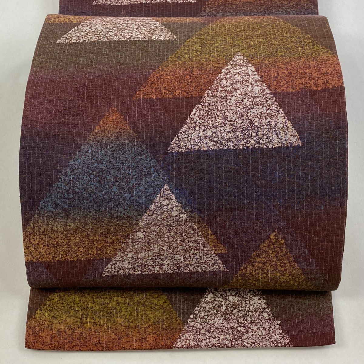 袋帯 秀品 紬地 やまと 三角 縞 赤紫 六通 正絹