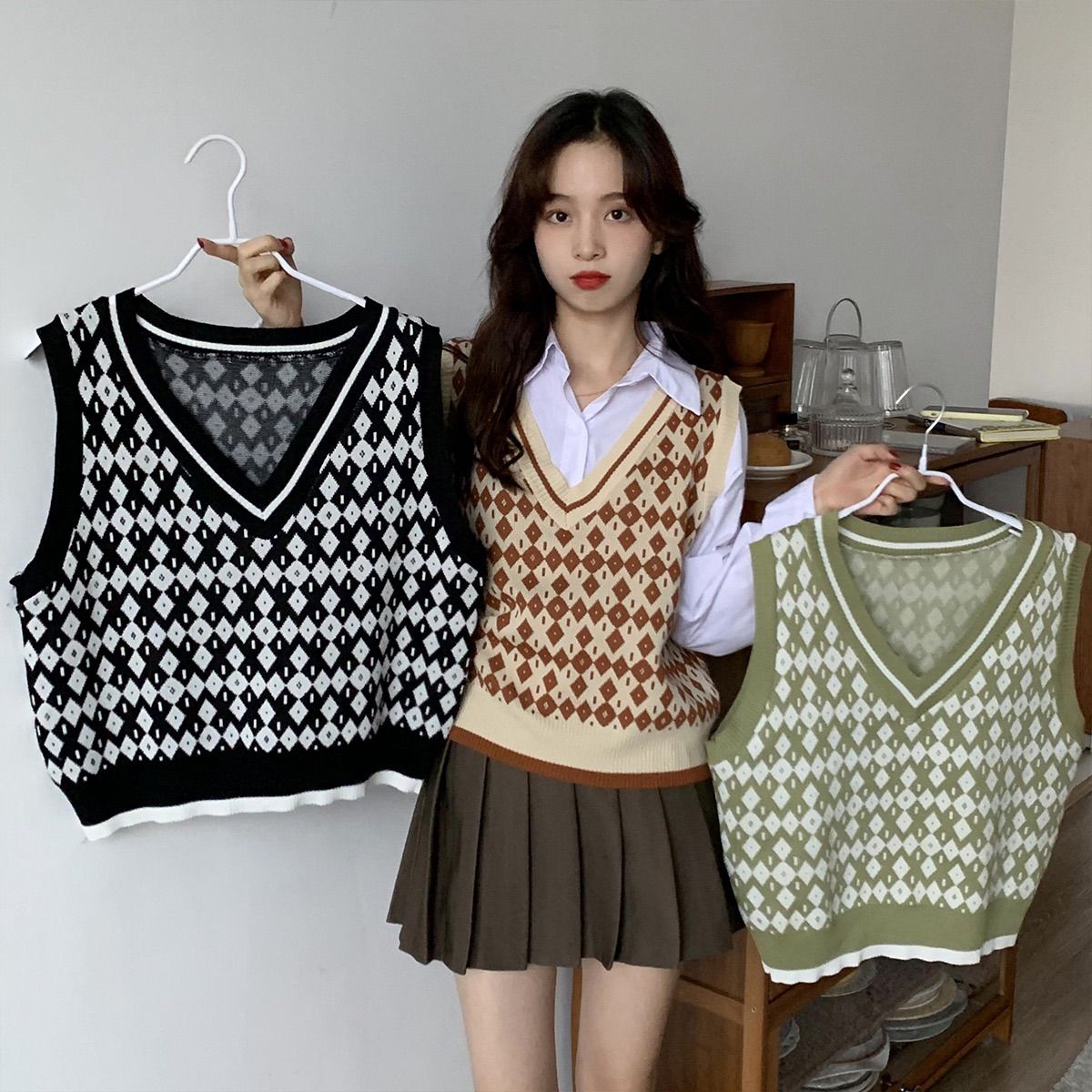 春服 秋服 ショート丈 ニットベスト Vネック 韓国ファッション - メルカリ