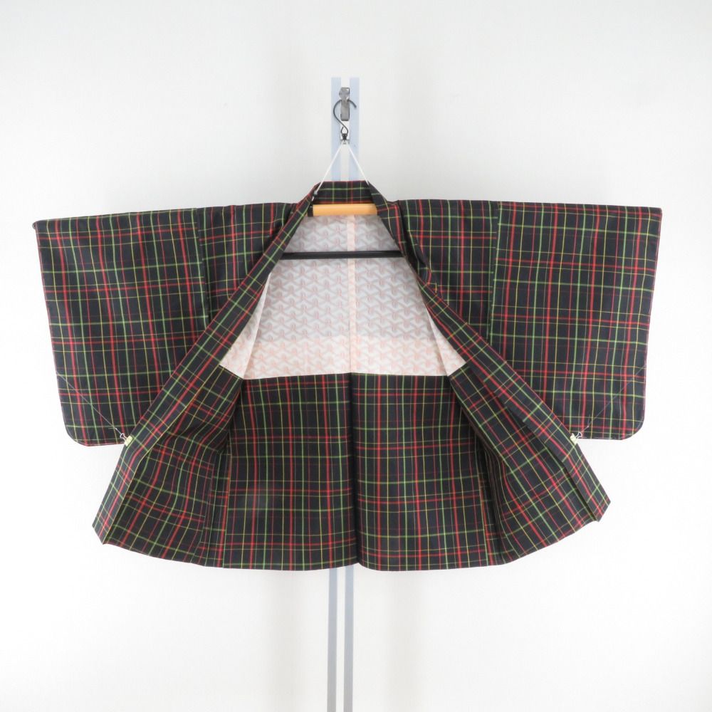 紬 着物 本場大島紬 アンサンブル 羽織付 格子文様 袷 バチ衿 黒色x