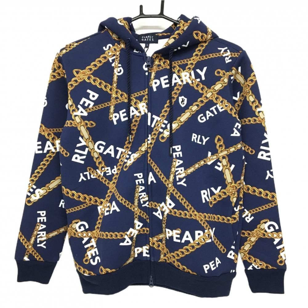 パーリーゲイツ ジップパーカー ネイビー×ゴールド チェーン柄 ロゴ刺しゅう レディース 0 S ゴルフウェア PEARLY GATES