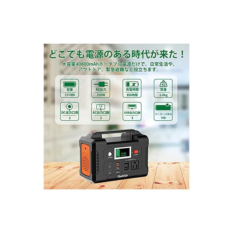 FlashFish ポータブル電源 大容量 230Wh/300W リン酸鉄リチウム 小型