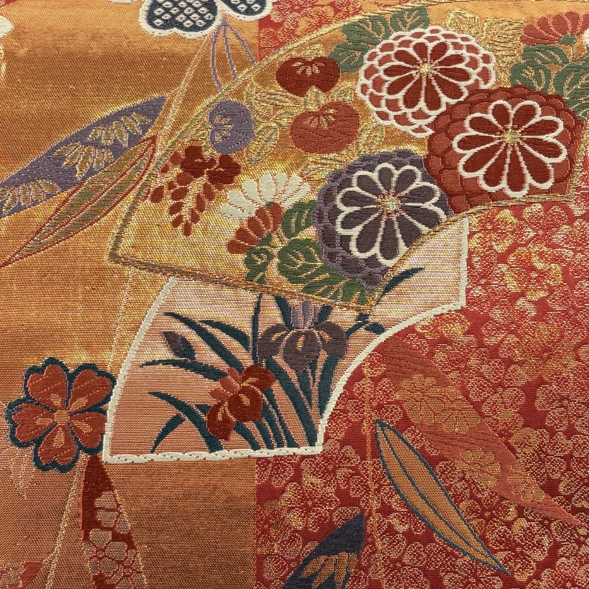 おまけ付き 袋帯 秀品 扇面 桜 箔 刺繍 赤茶 六通 正絹