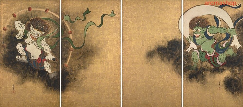 2927 俵屋宗達 「風神雷神図」 紙本 日本画 掛軸 おもてなし　工芸印刷 俵屋宗達『風神雷神図』高級掛軸2点組