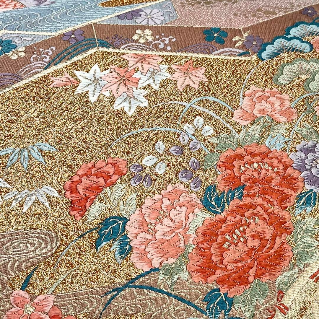 袋帯 屏風に美しい花模様 牡丹 菊 鴛鴦 金糸 薄曙色 O-3820 - メルカリ 