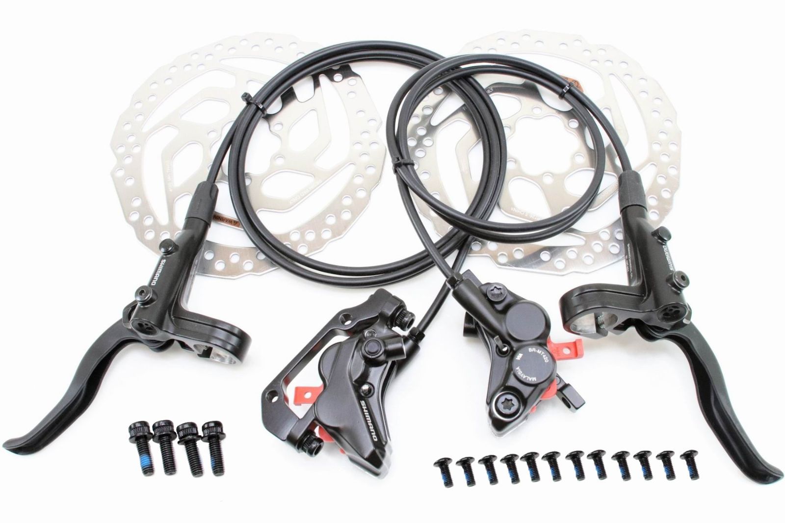 シマノ SHIMANO 高性能 油圧ディスクブレーキ 制動力50％アップ 対向 ４ポット ４ピストン BL-M401 BR-M420 SM-RT26 6穴ローター付 前後セット