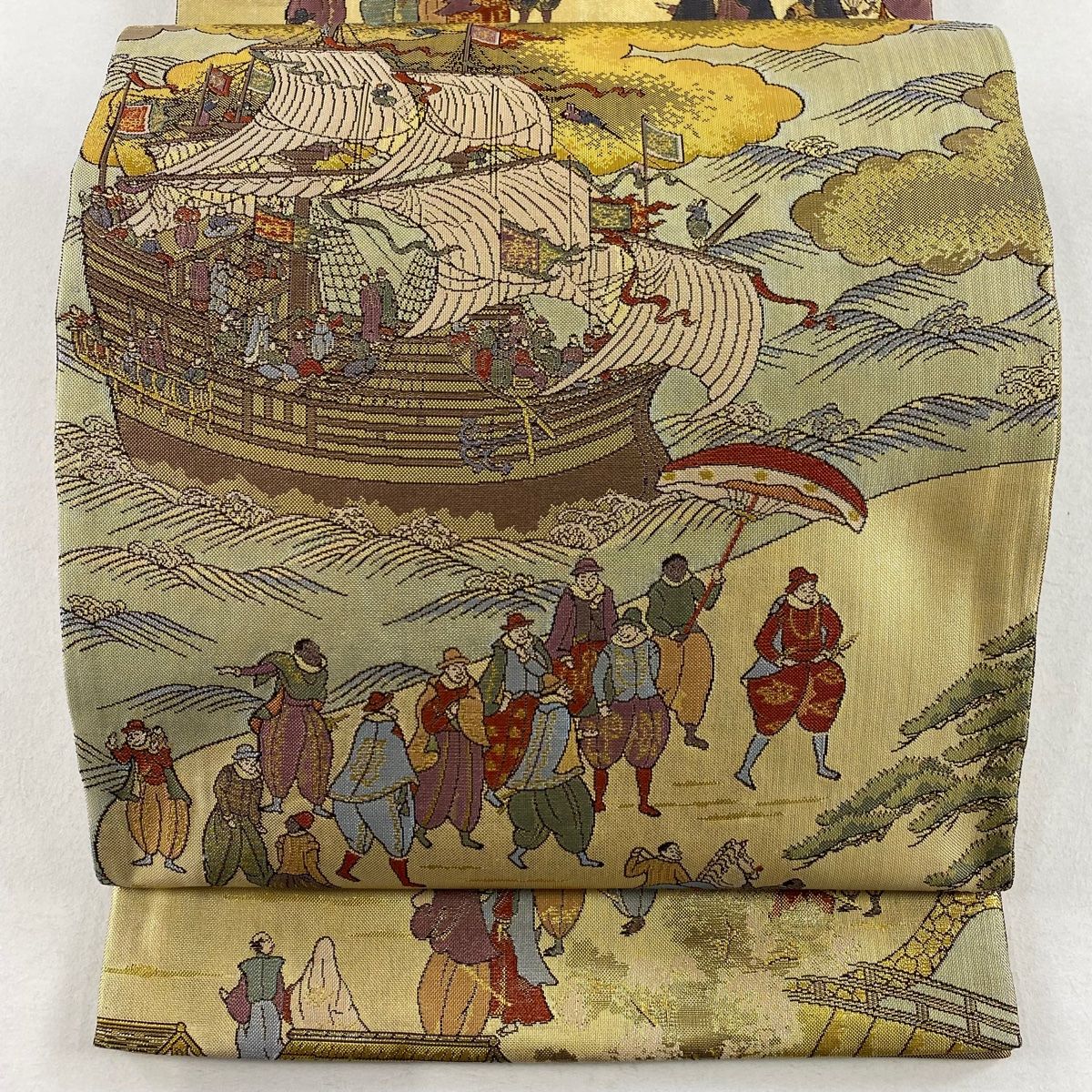 正絹　アコヤ貝　袋帯　金箔　琵琶図 袋帯 美品 秀品 南蛮屏風図 人物 本金箔 プラチナ箔 金色 全通