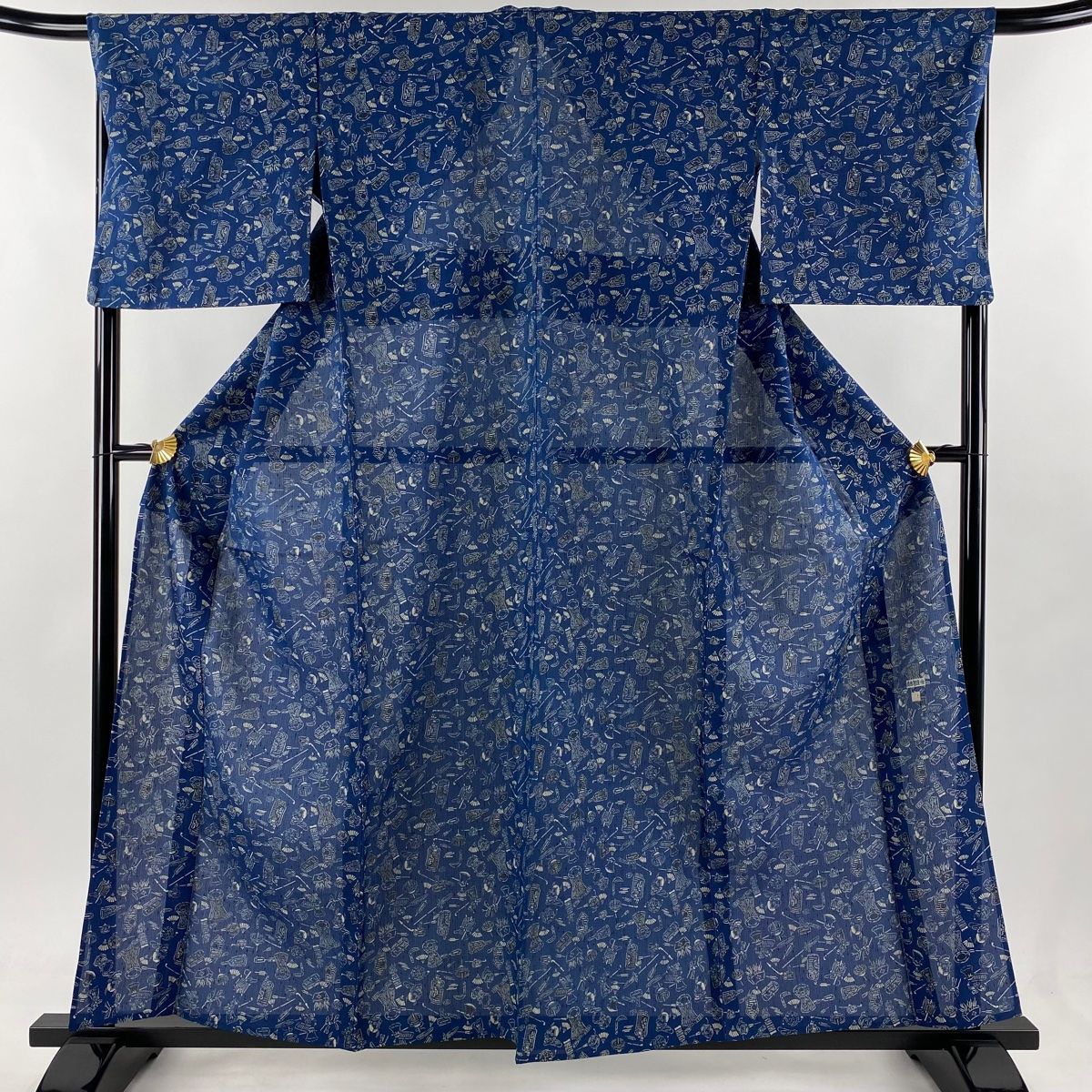 小紋 身丈159.5cm 裄丈68cm L 薄物 夏紬 落款 玩具 紺色 正絹 名品