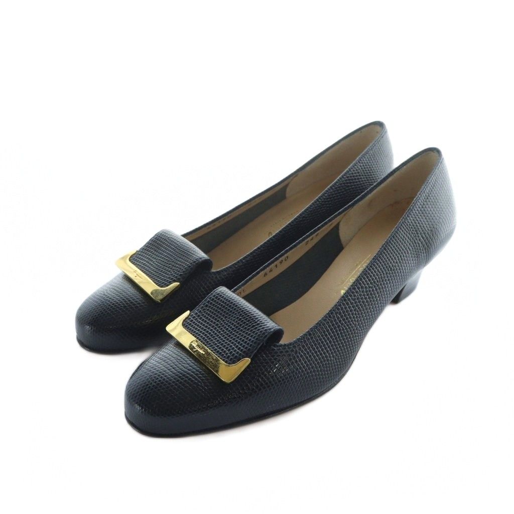 サルヴァトーレフェラガモ Salvatore Ferragamo パンプス チャンキーヒール ラウンドトゥ ロゴ レザー ゴールド金具 6 23.5cm 黒 ブラック 64190 GY13 |MQ