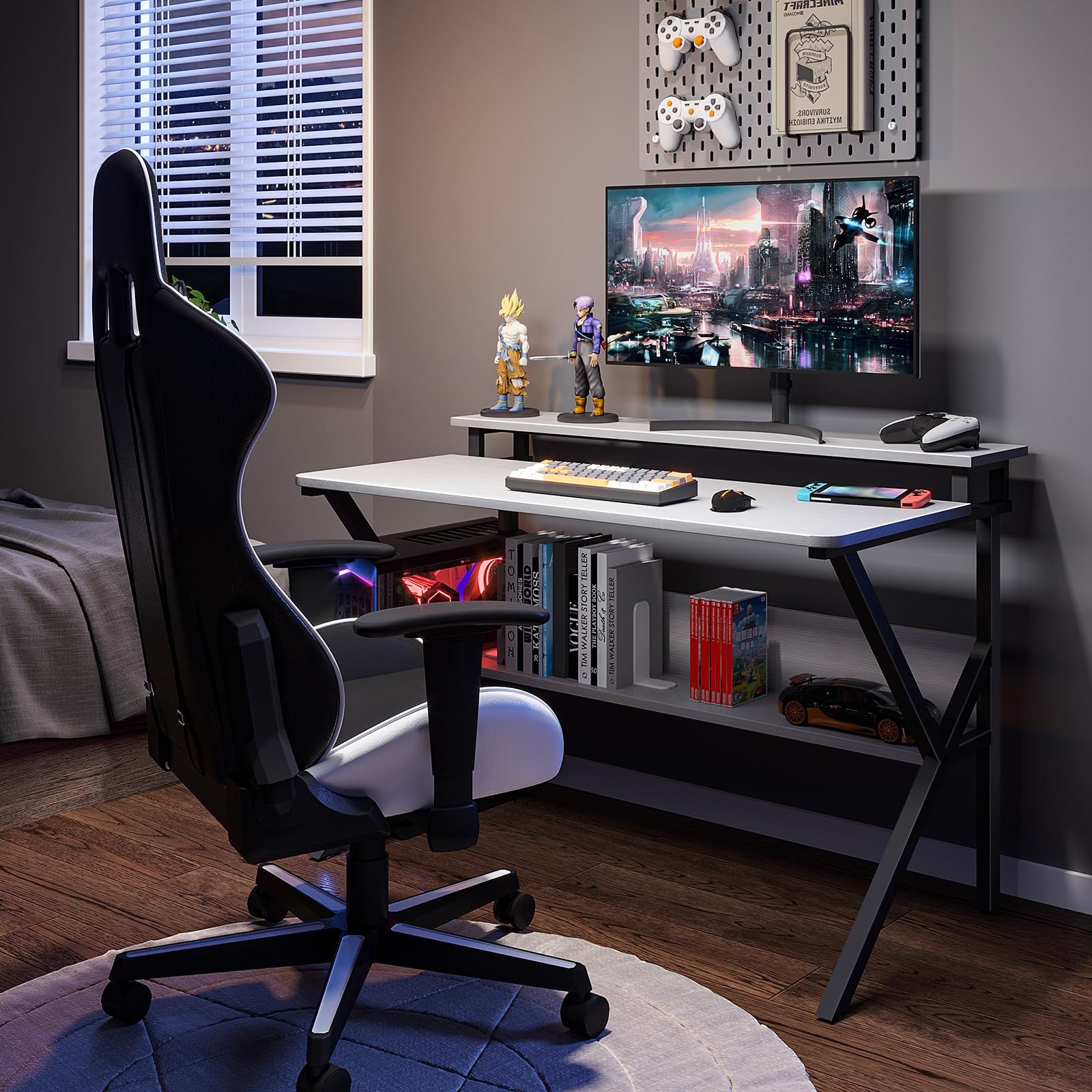 送料無料 KKL パソコンデスク モニター台付き 幅100cm×奥行60cm 机 pcデスク ゲーミングデスク コンパクト おしゃれ 省スペース テレワークデスク 一人暮らし 組立簡単 ラック付きデスク モニターアーム対応 ホワイト