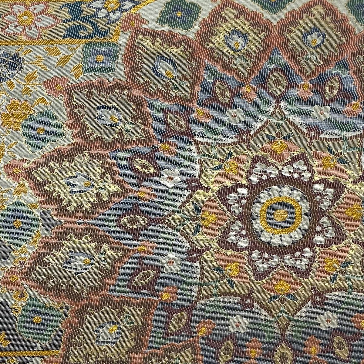 袋帯 美品 名品 千八ペルシャー 華文 花唐草 金糸 箔 灰紫 六通