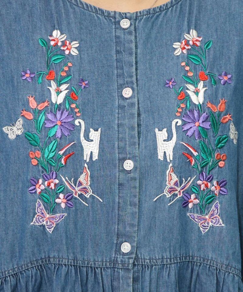 ☆スカラー　152736：花柄刺繍デニムグラデーション シャツワンピース 152736：花柄刺繍デニムグラデーション シャツワンピースの通販