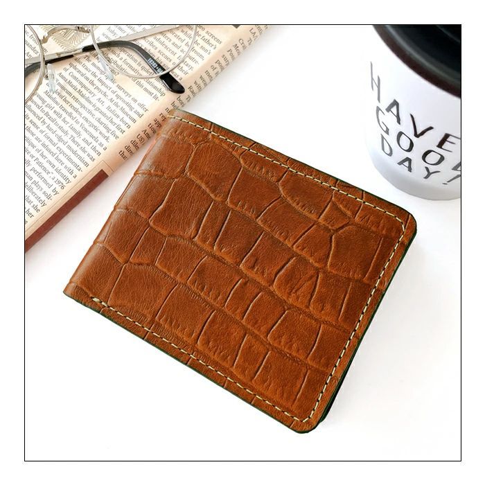2つ折り財布 メンズ 本革 クロコダイル 型押し 財布 二つ折り財布 二つ折り サイフ さいふ ウォレット 牛革 革 本皮 レザー カード収納 小銭入れ コインケース付き 二つ折りサイフ 革財布 メンズ財布 ハンドメイド ワニ柄 わに柄