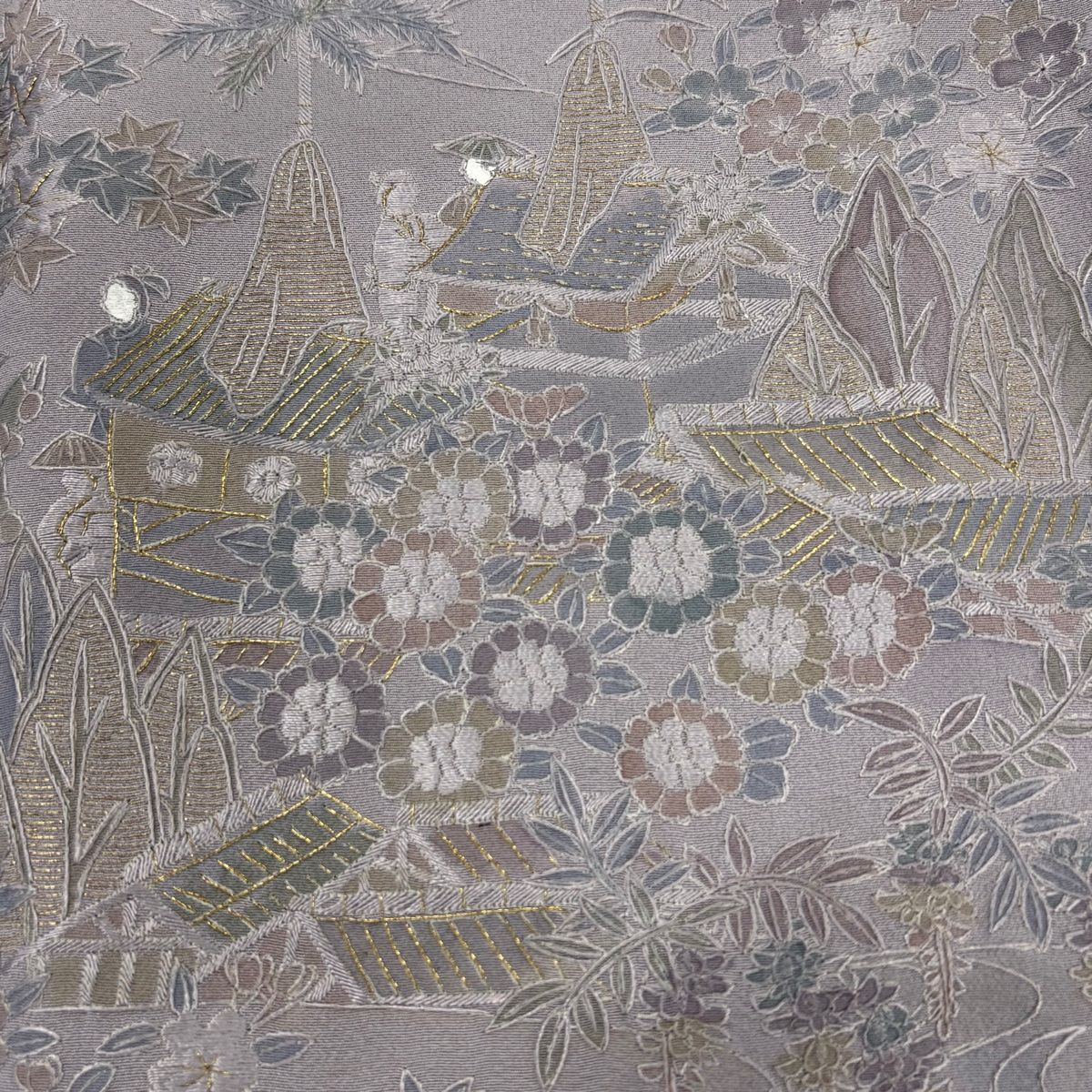 訪問着 身丈154cm 裄丈66cm M 単衣 家屋 松竹梅 金糸 刺繍 薄紫 正絹  